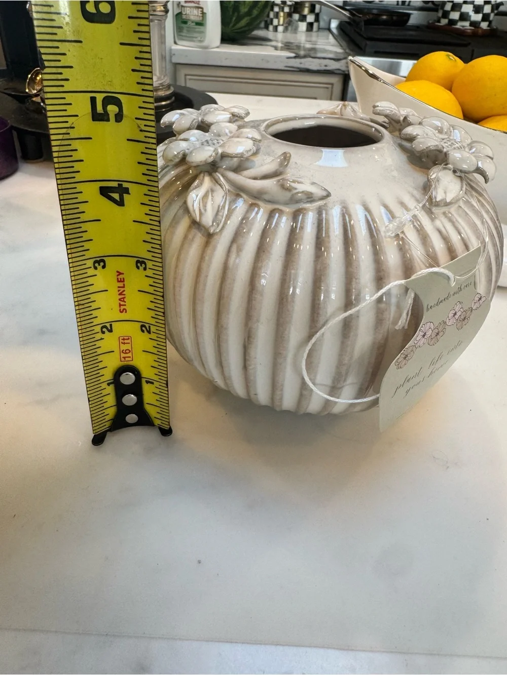 NWT Beautiful Ceramic Floral Accent Vase in Cream and Taupe 2 Available 4.5”